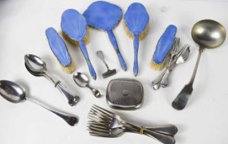 A 1930s silver plated and blue guilloche enamelled dressing table set, together with various