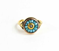 A Georgian 18ct gold, seed pearl and turquoise ring, size S, 5.6g.