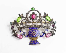 A 19th century 800 silver, enamel and semi precious stone brooch in the form of a basket of flowers,