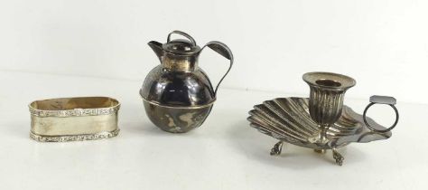 A silver chamber stick, with a scallop form base, London 1891, a 1/4 pint silver jug in the Dutch