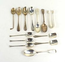 A group of silver to include sugar spoons, teaspoons, a teaspoon engraved with South Africa 1900-02,