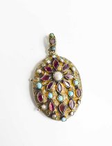 A 19th century continental silver, seed pearl, turquoise, pink paste locket with residual gilding,