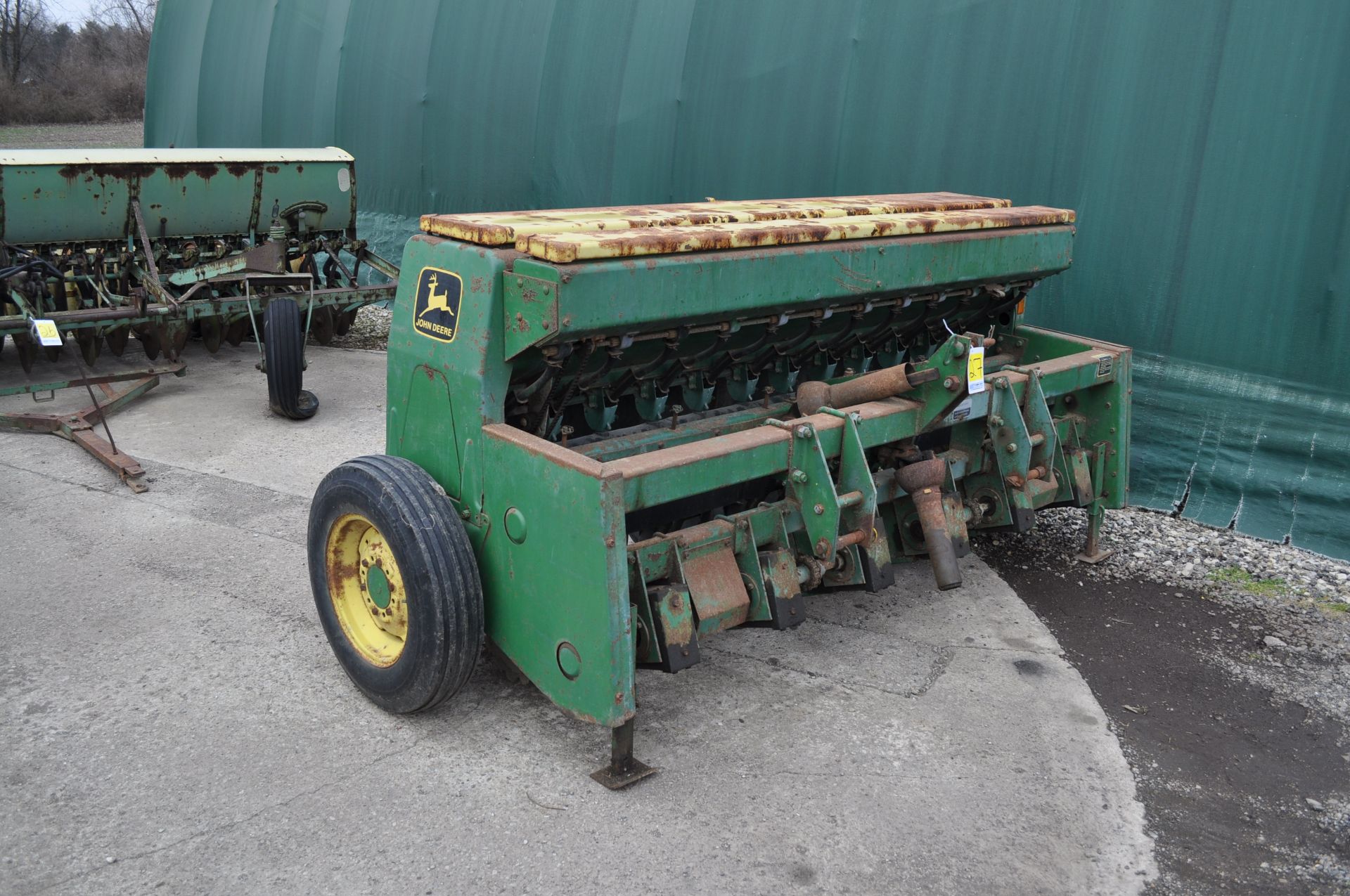 8’ John Deere 1550 Overseeder, 3pt, 540 pto, 8” spacing, grass box, SN:000616