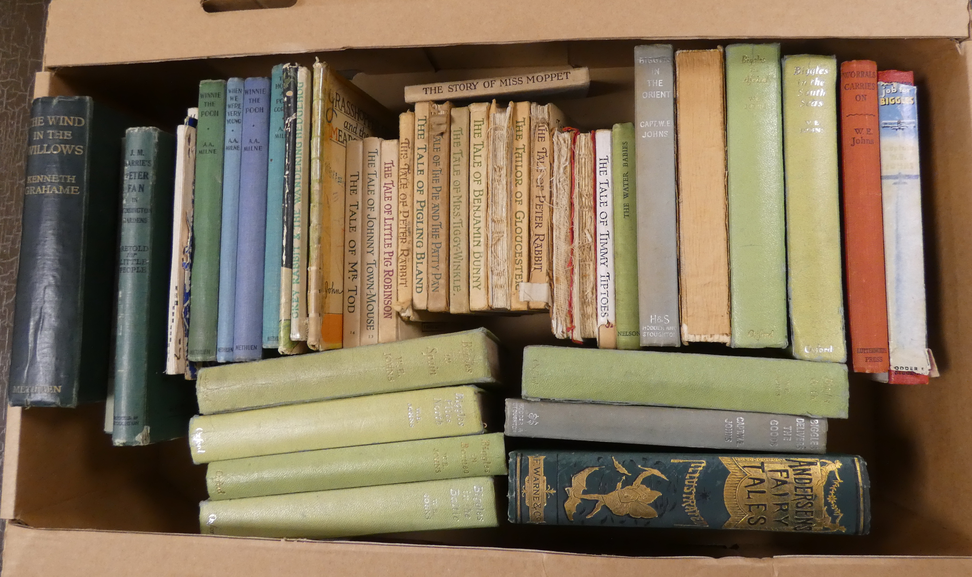 Children's Books.  A carton of various vols. incl. W. E. Johns, Beatrix Potter & A. A. Milne.