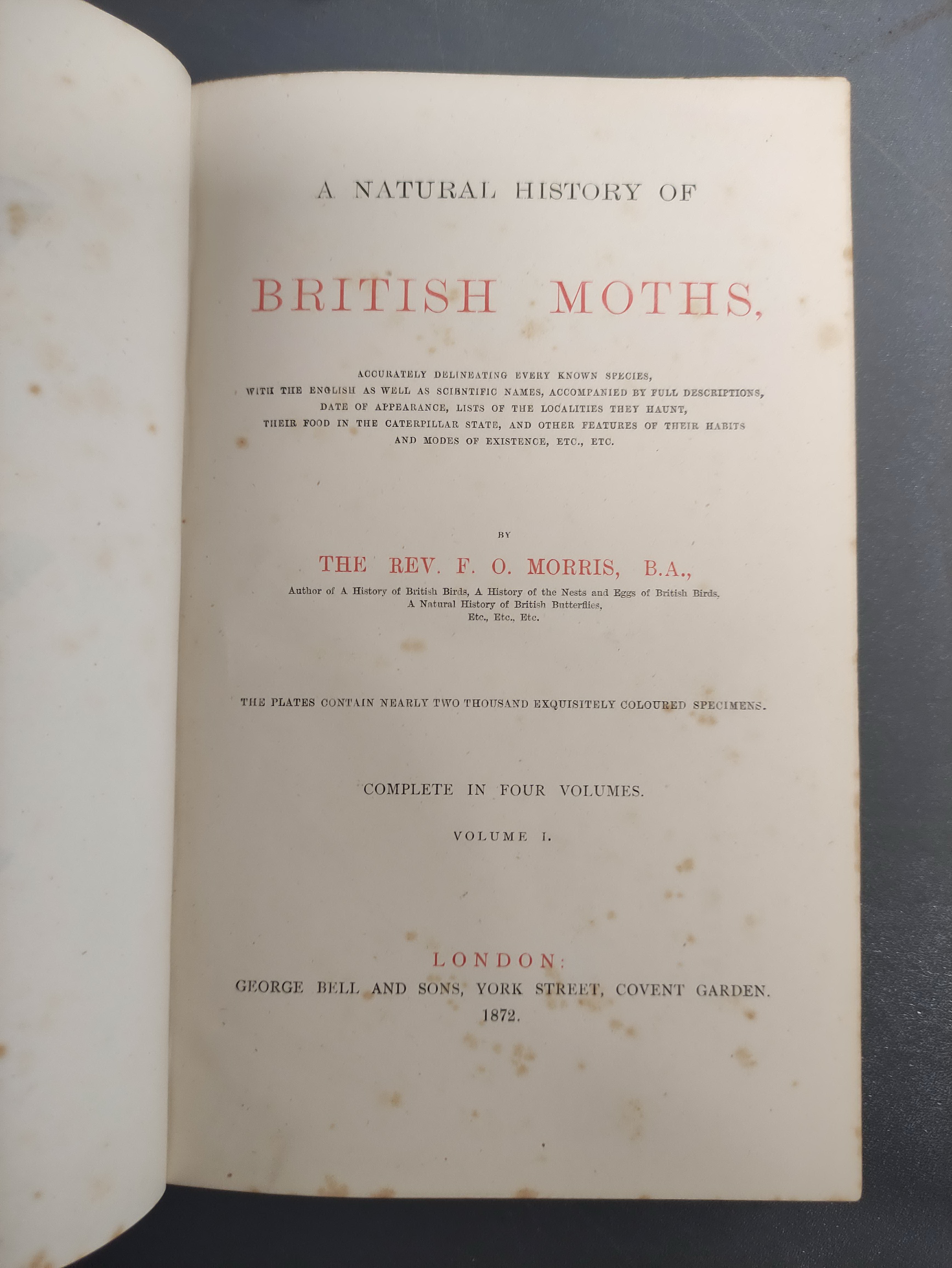 MORRIS REV. F. O.  A Natural History of British Moths. 4 vols. Many col. plates. Large 8vo. Orig. - Image 2 of 9