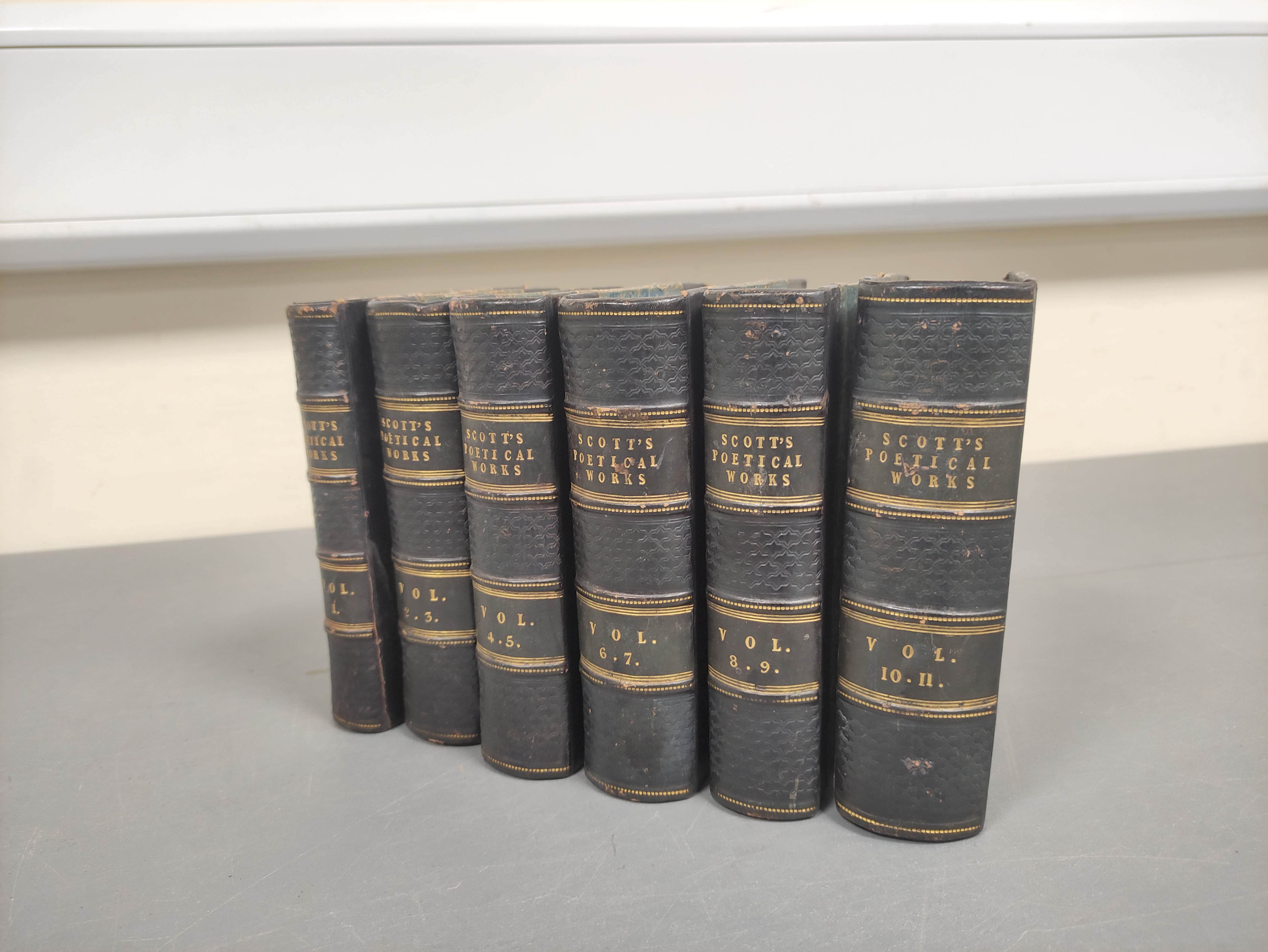 SCOTT SIR WALTER.  The Poetical Works. 11 vols. in six. Eng. frontis & titles. 16mo. Half dark calf.