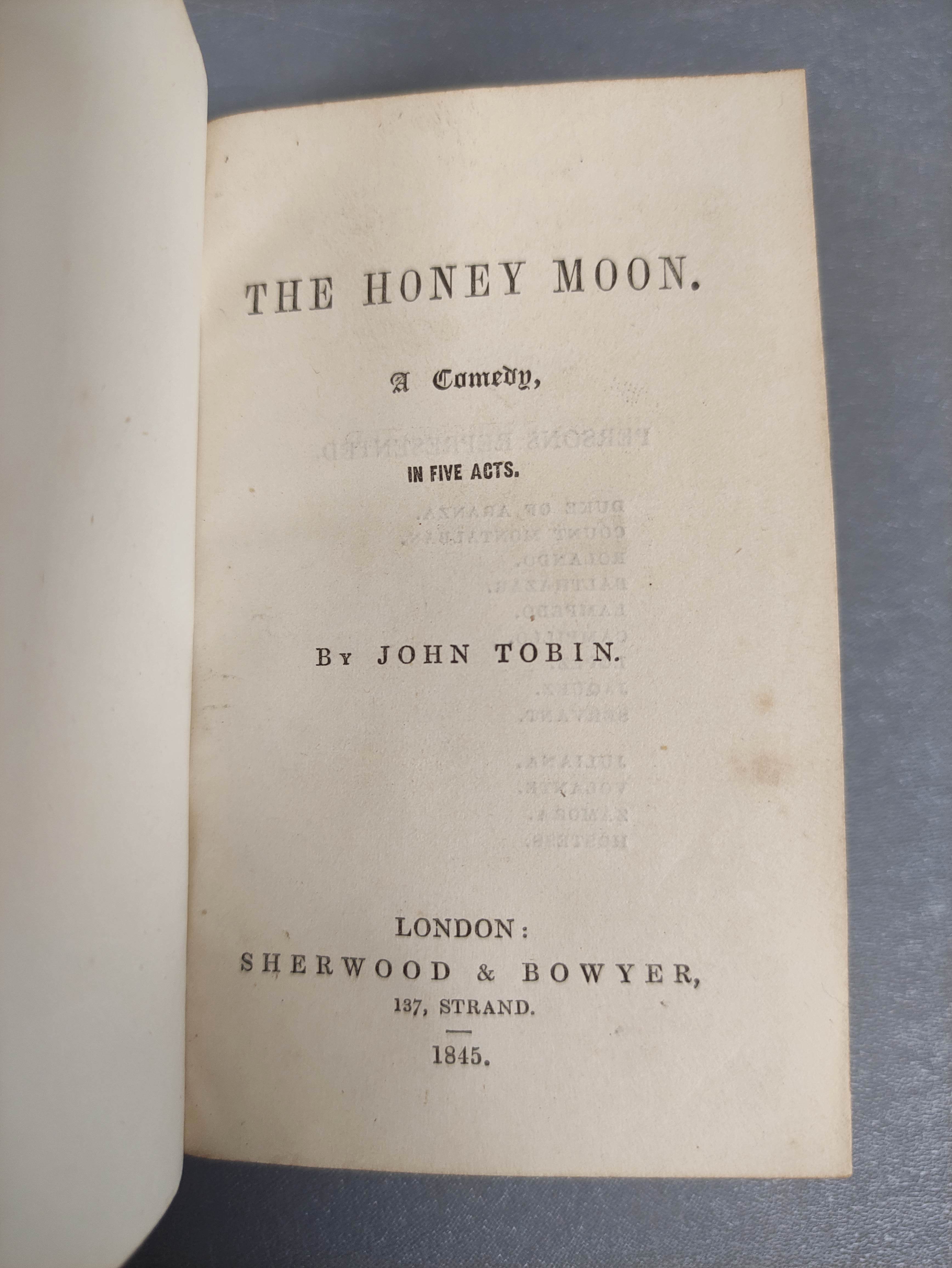 Plays.  4 small bound vols. of plays. 32mo. Half calf. C.1840's. - Image 2 of 5