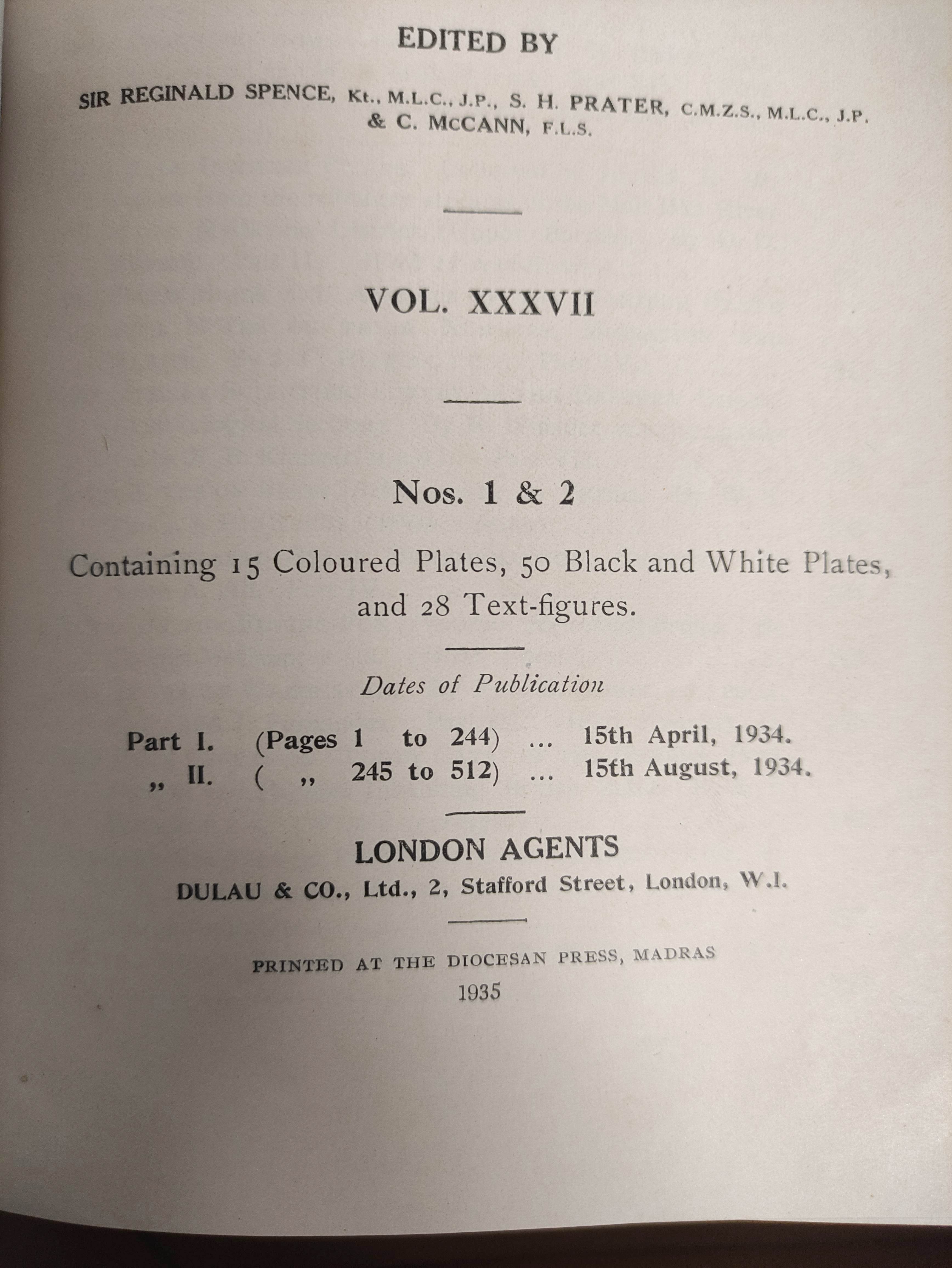 BOMBAY NATURAL HISTORY SOCIETY.  The Journal. Vols. 37 to vol. 42 (nos. 1 & 2) in eleven. Many - Image 4 of 7