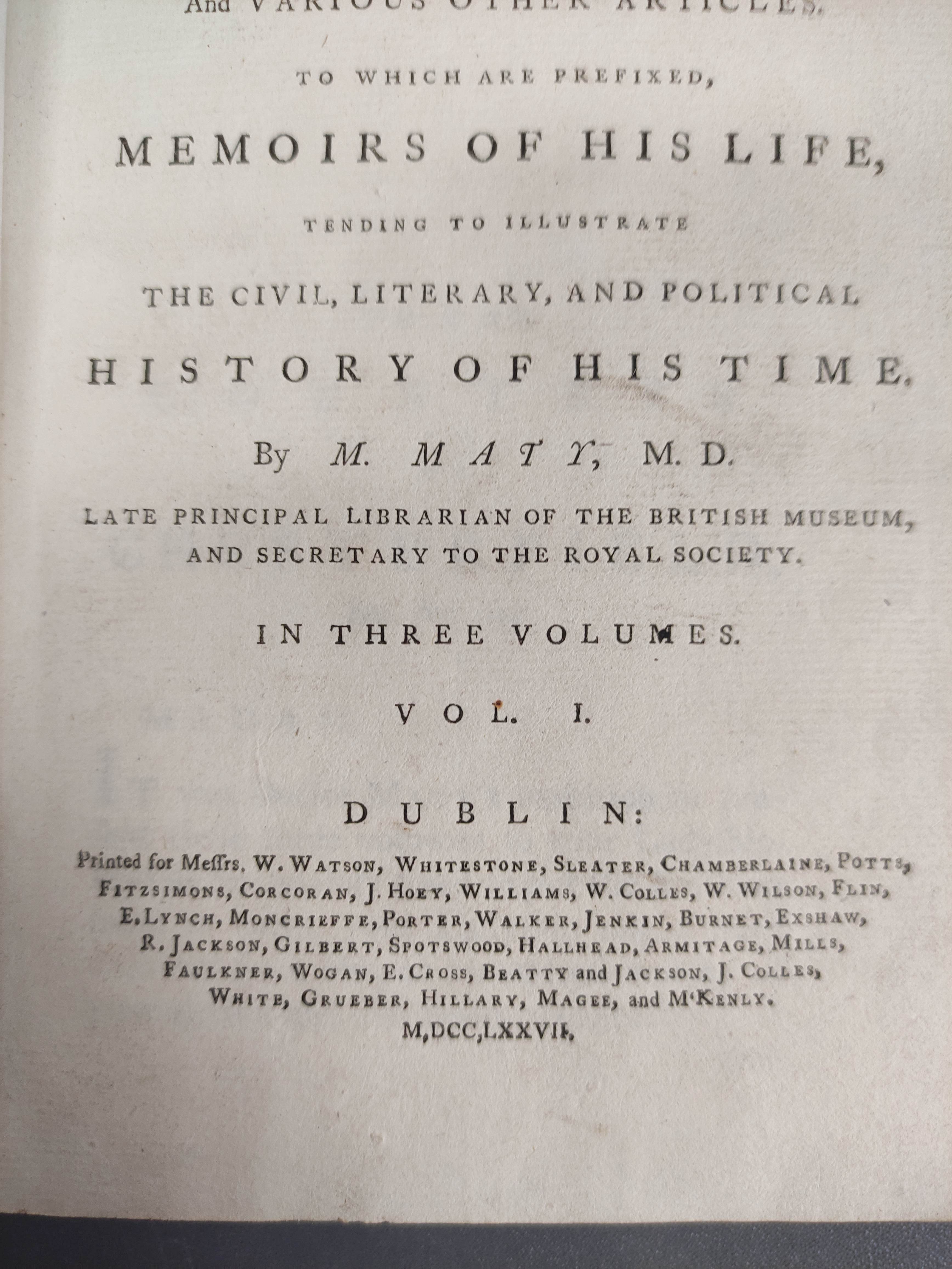 CHESTERFIELD EARL OF.  Miscellaneous Works. 3 vols. Eng. port. frontis & plates. Calf, rebacked. - Image 3 of 6