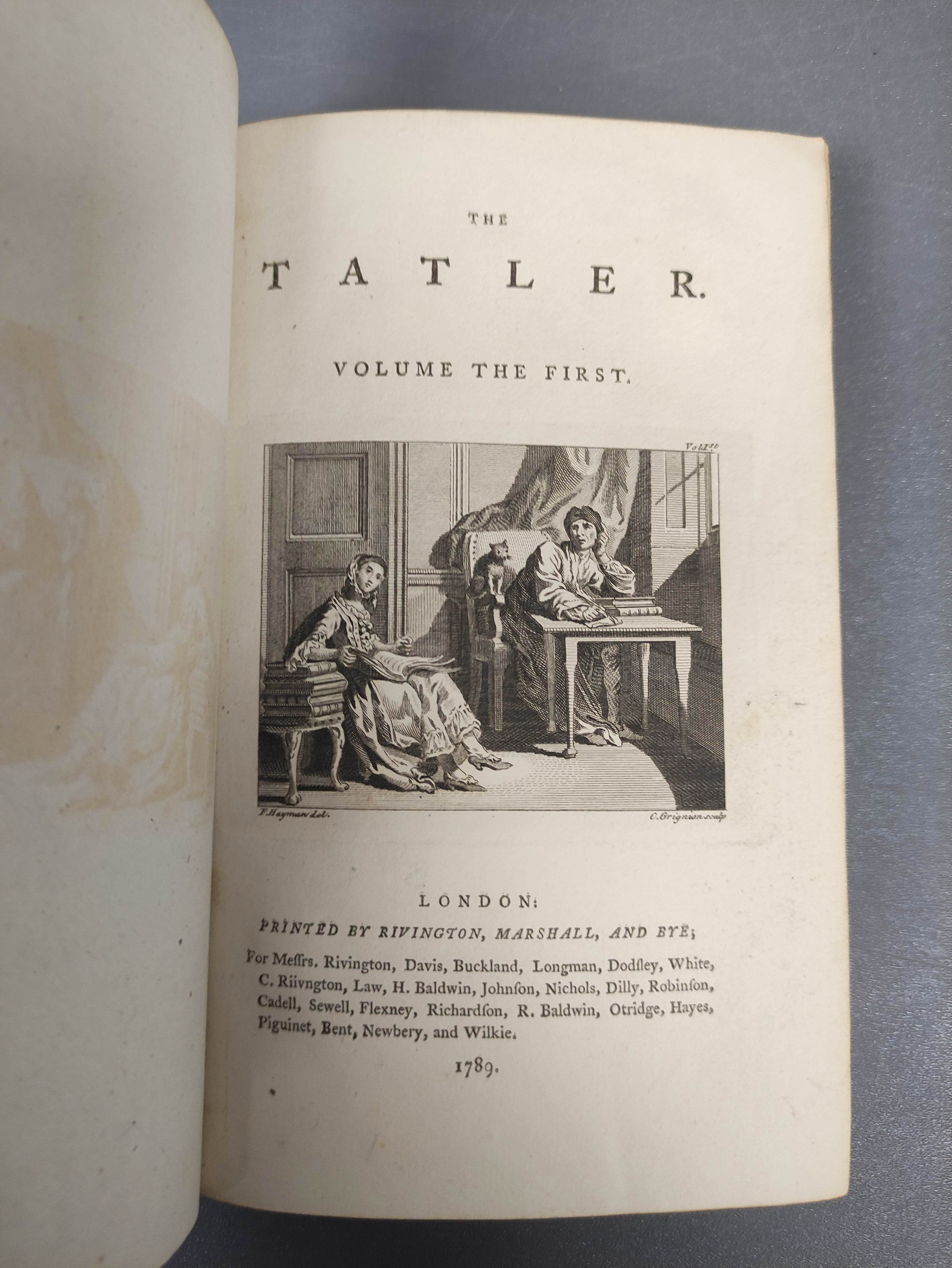 The Tatler.  4 vols. Eng. title vignettes. Rebacked old calf. 1789. - Image 2 of 6