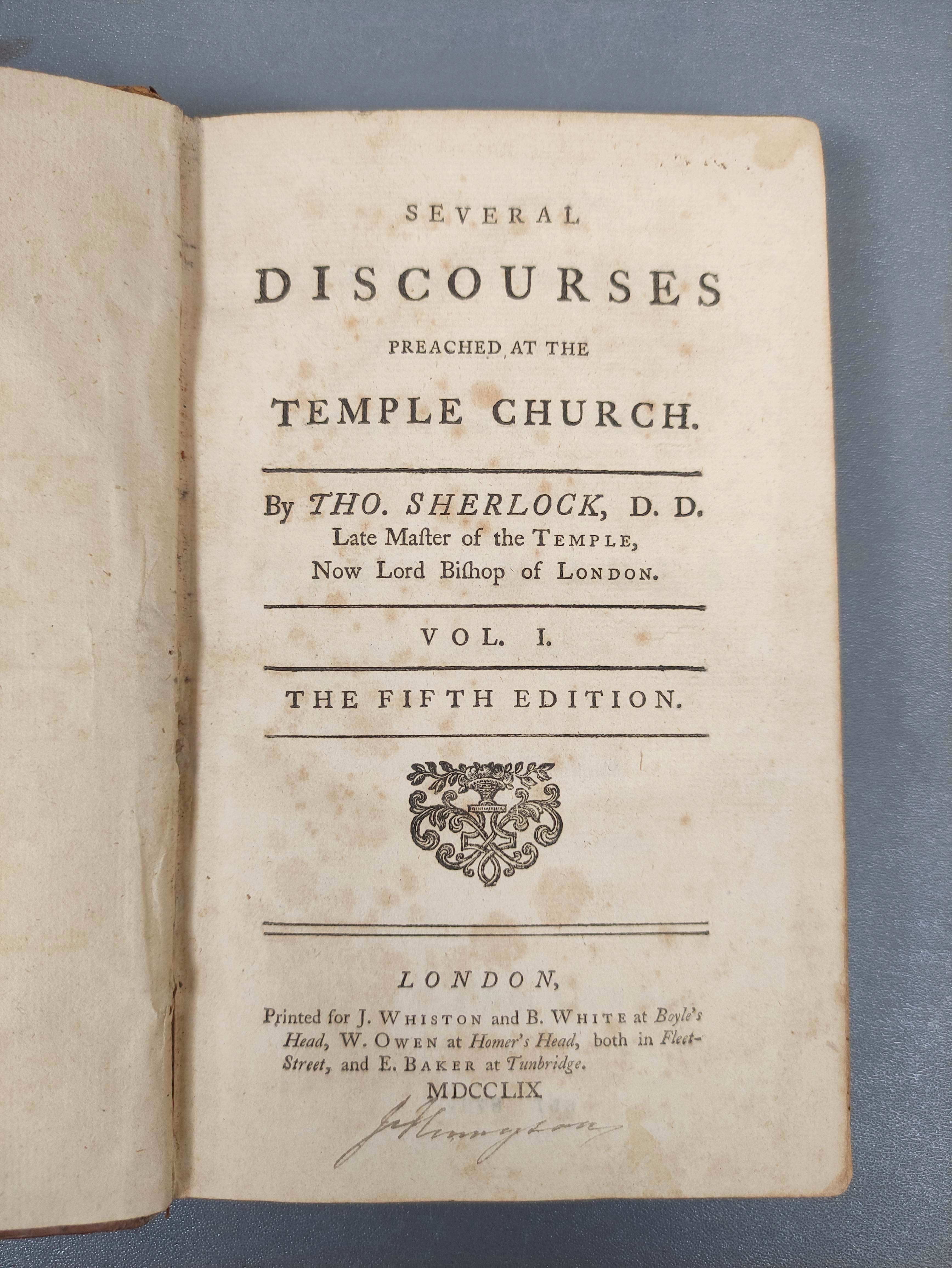 SHERLOCK THOMAS.  Several Discourses Preached at the Temple Church. 4 vols. Calf, some internal - Image 2 of 7