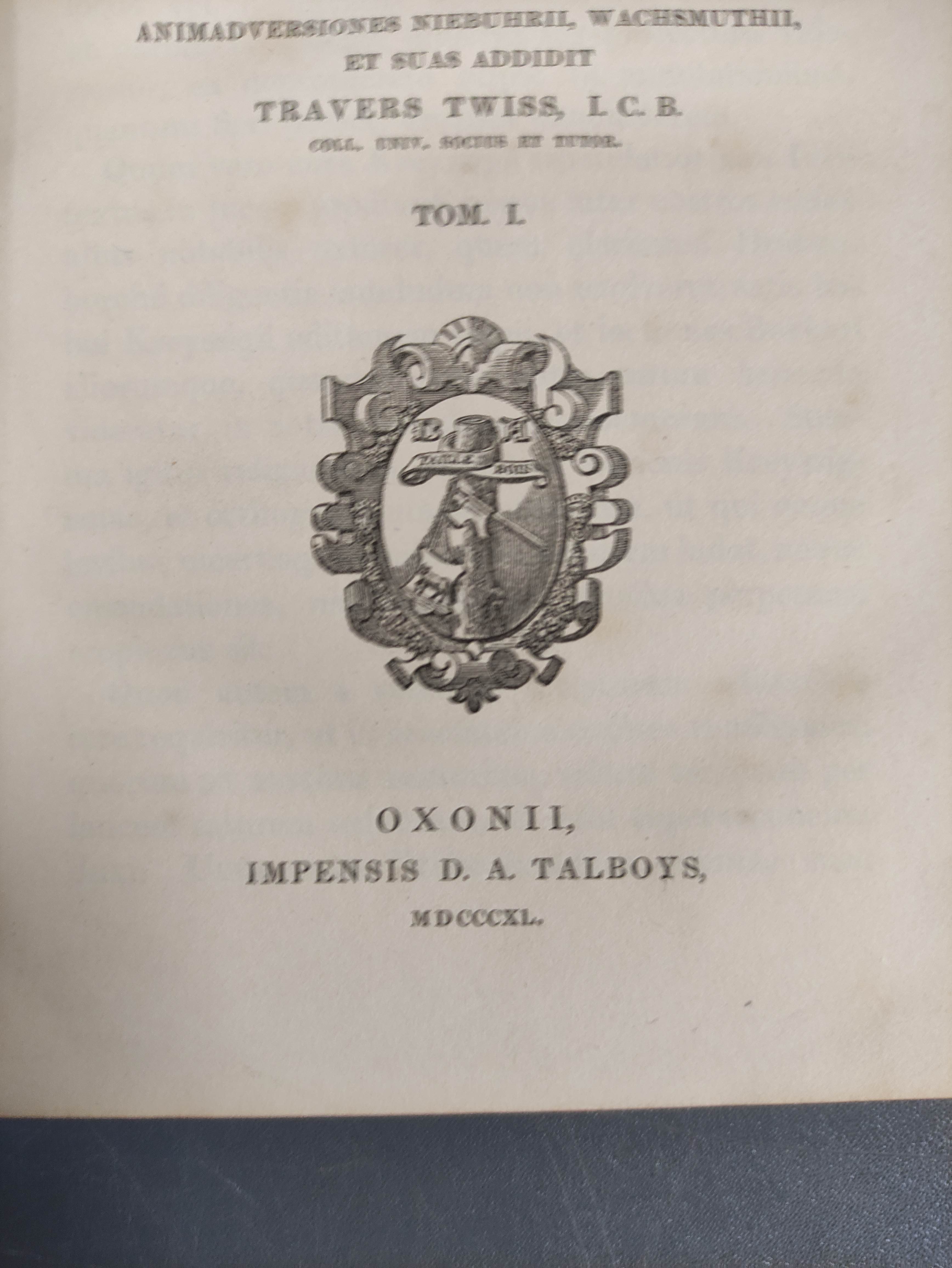 TWISS TRAVERS (Ed).  T. Livii Patavini, Historiarum Libri. 4 vols. Half vellum. Oxford, 1841. - Image 3 of 5