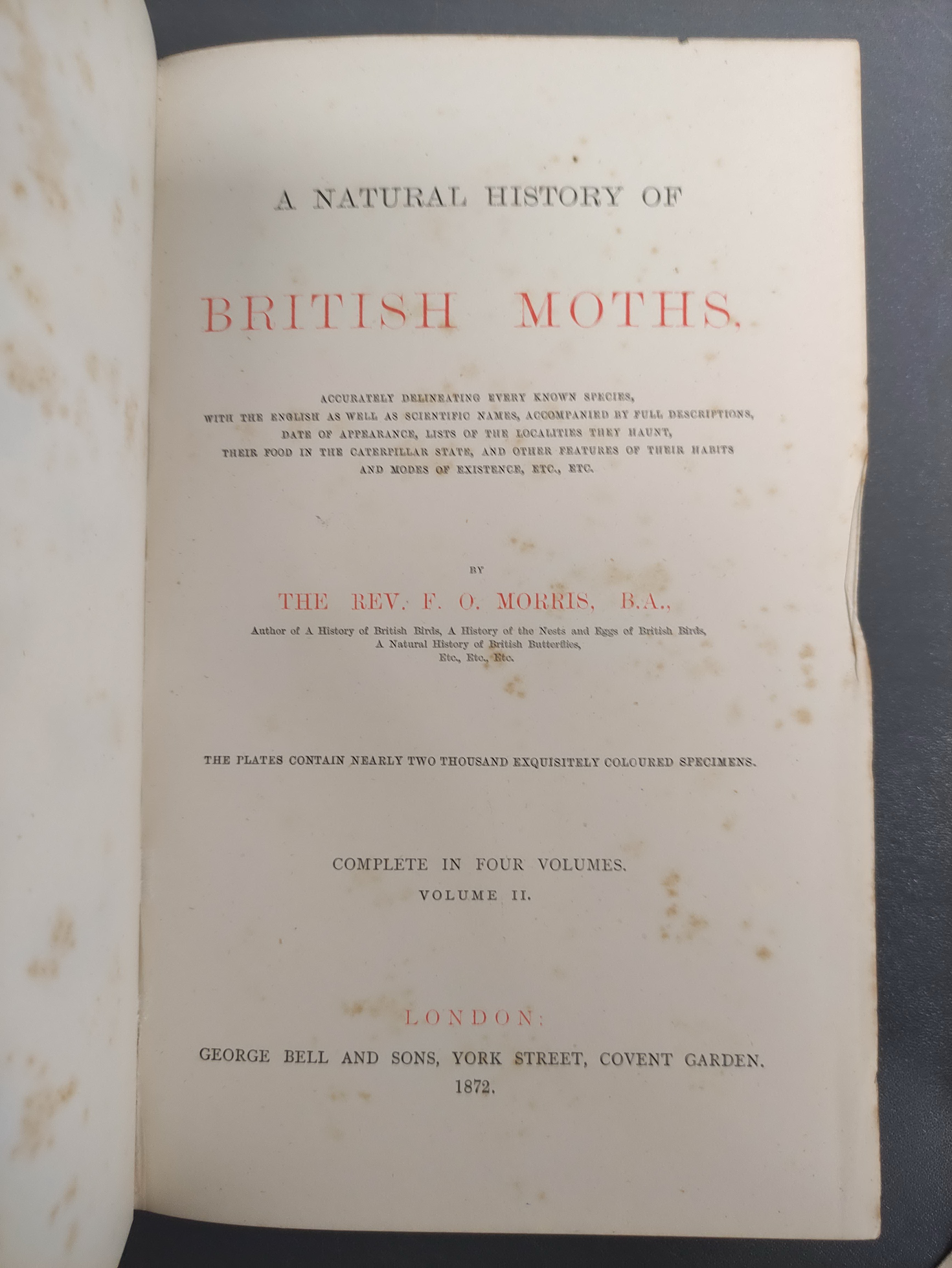 MORRIS REV. F. O.  A Natural History of British Moths. 4 vols. Many col. plates. Large 8vo. Orig. - Image 7 of 9