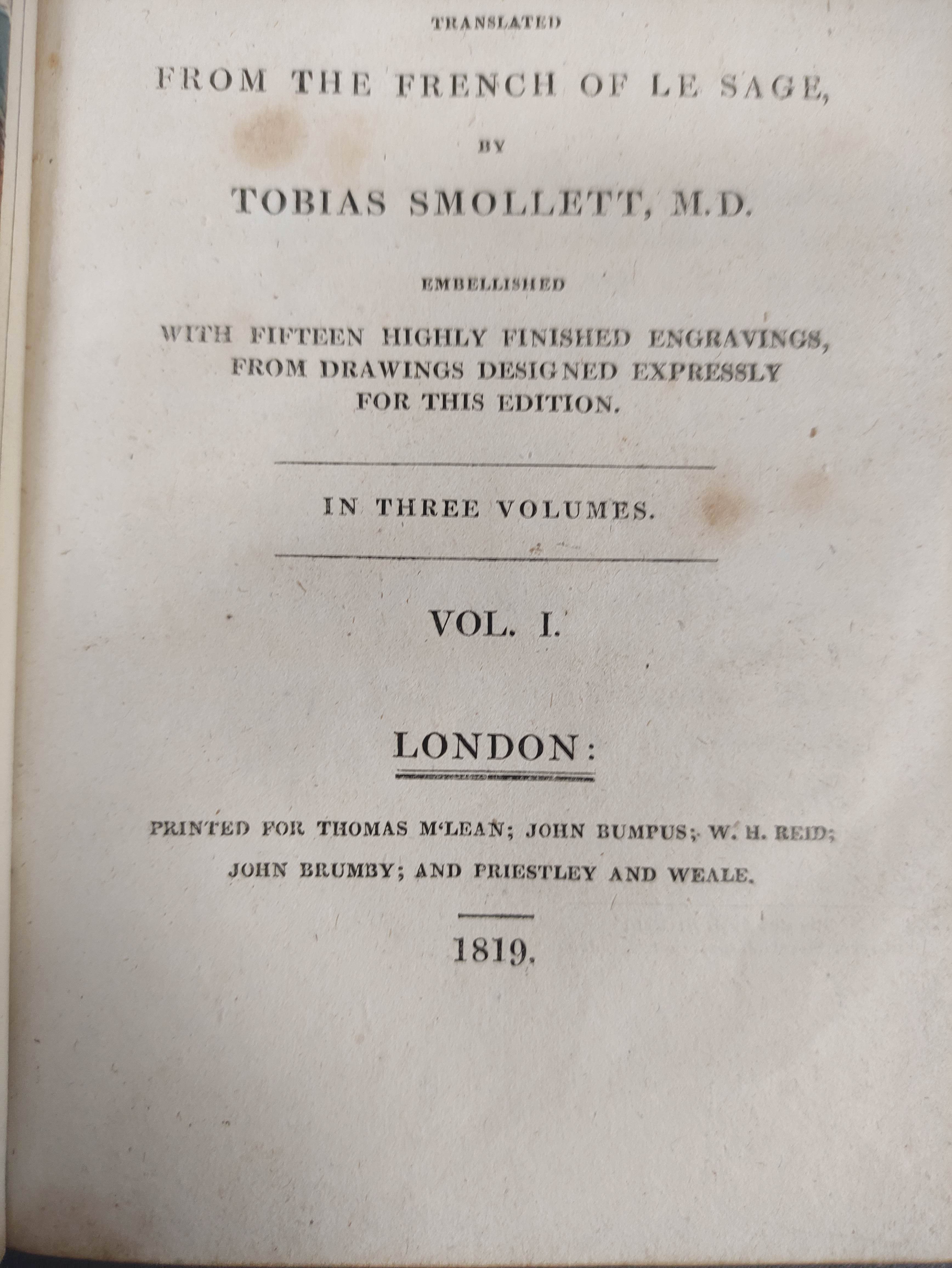 SMOLLETT TOBIAS (Trans).  The Adventures of Gil Blas. 3 vols. Hand col. eng. frontis & plates. Old - Image 3 of 6