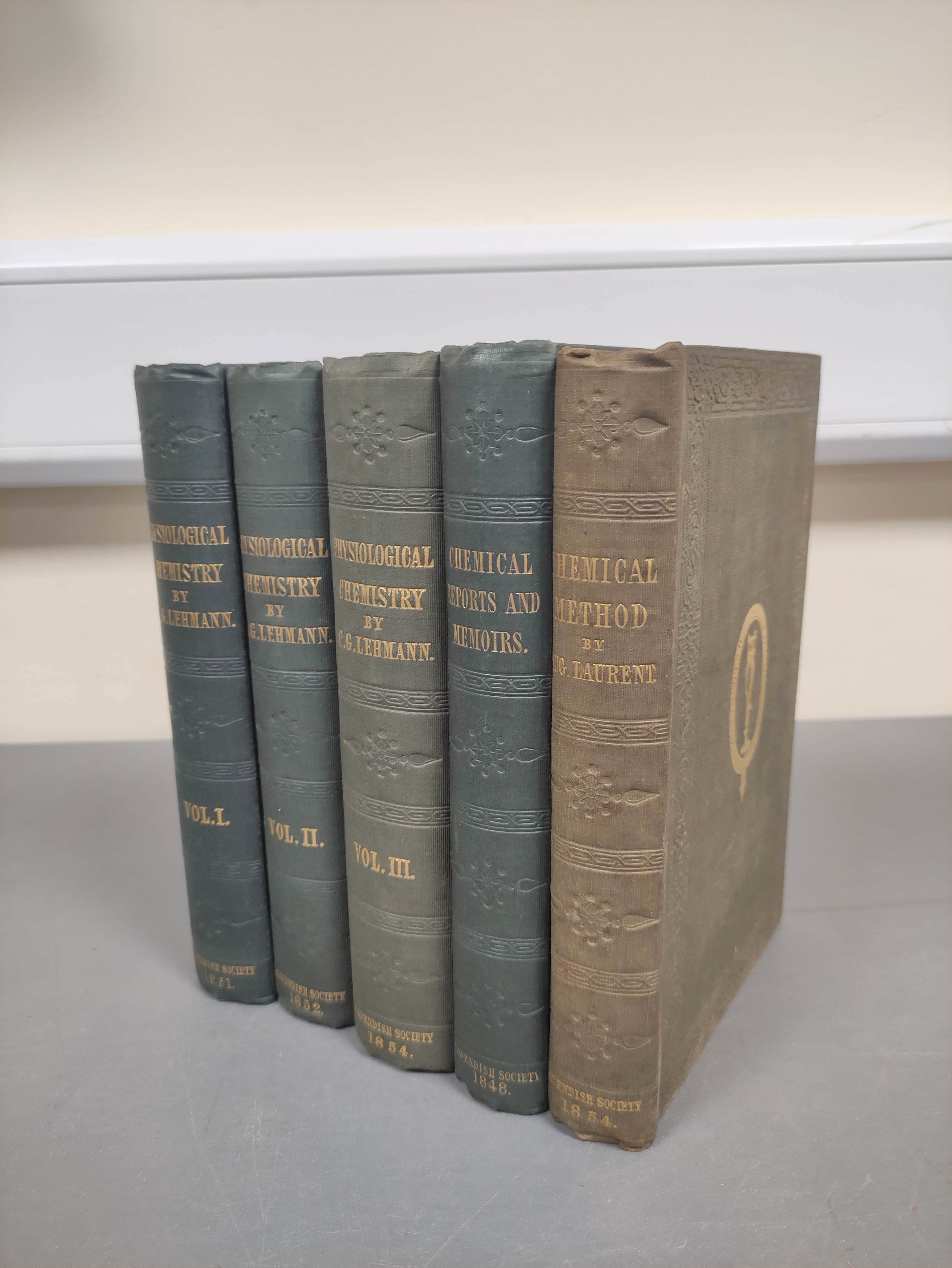 LEHMANN C. G.  Physiological Chemistry. 3 vols. Orig. green cloth. Cavendish Society, 1851-1854;