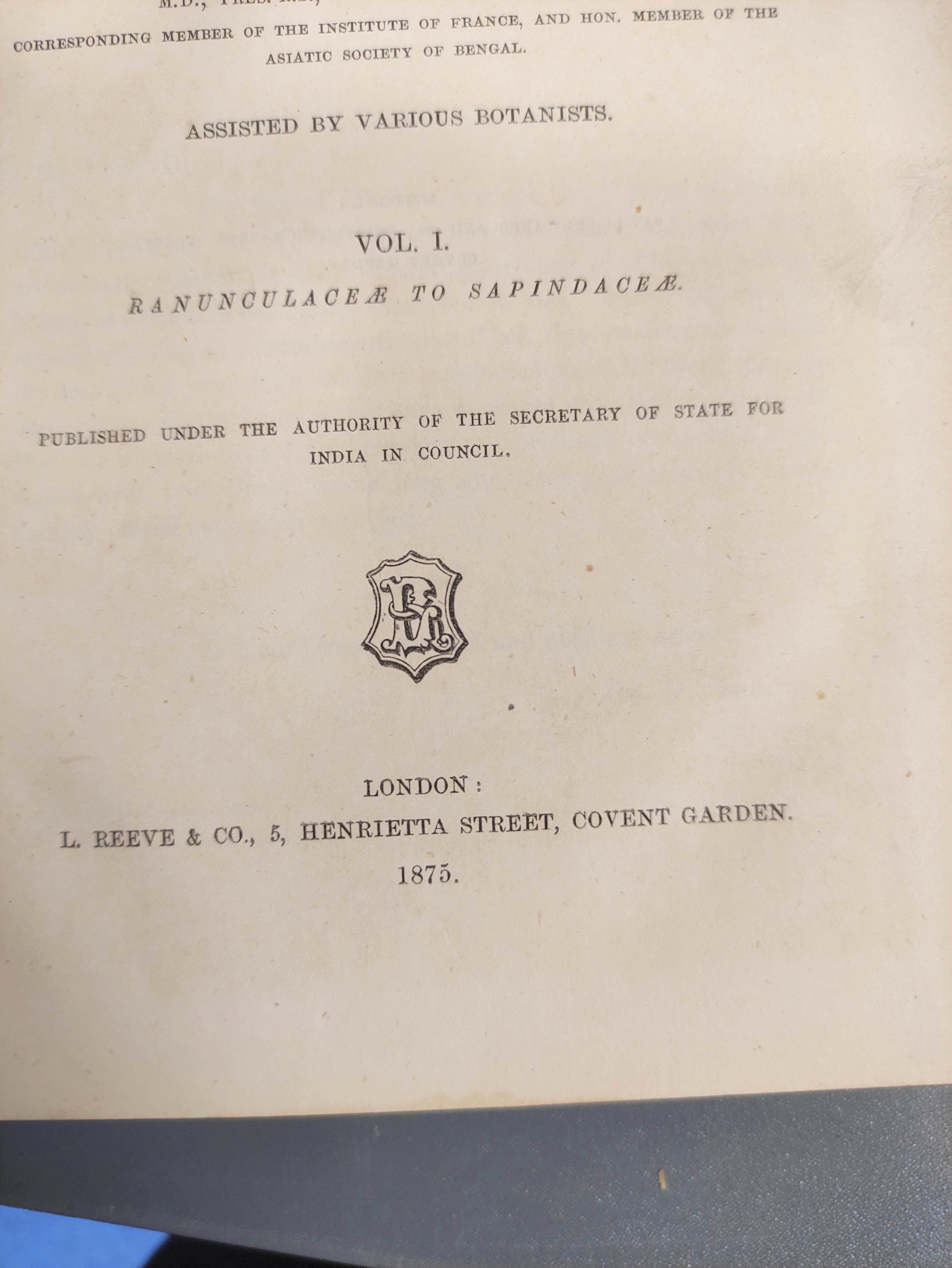 HOOKER J. D.  The Flora of British India. Vols. 1 to 6. Orig. dark blue cloth, some wear. 1875-1894. - Image 4 of 9