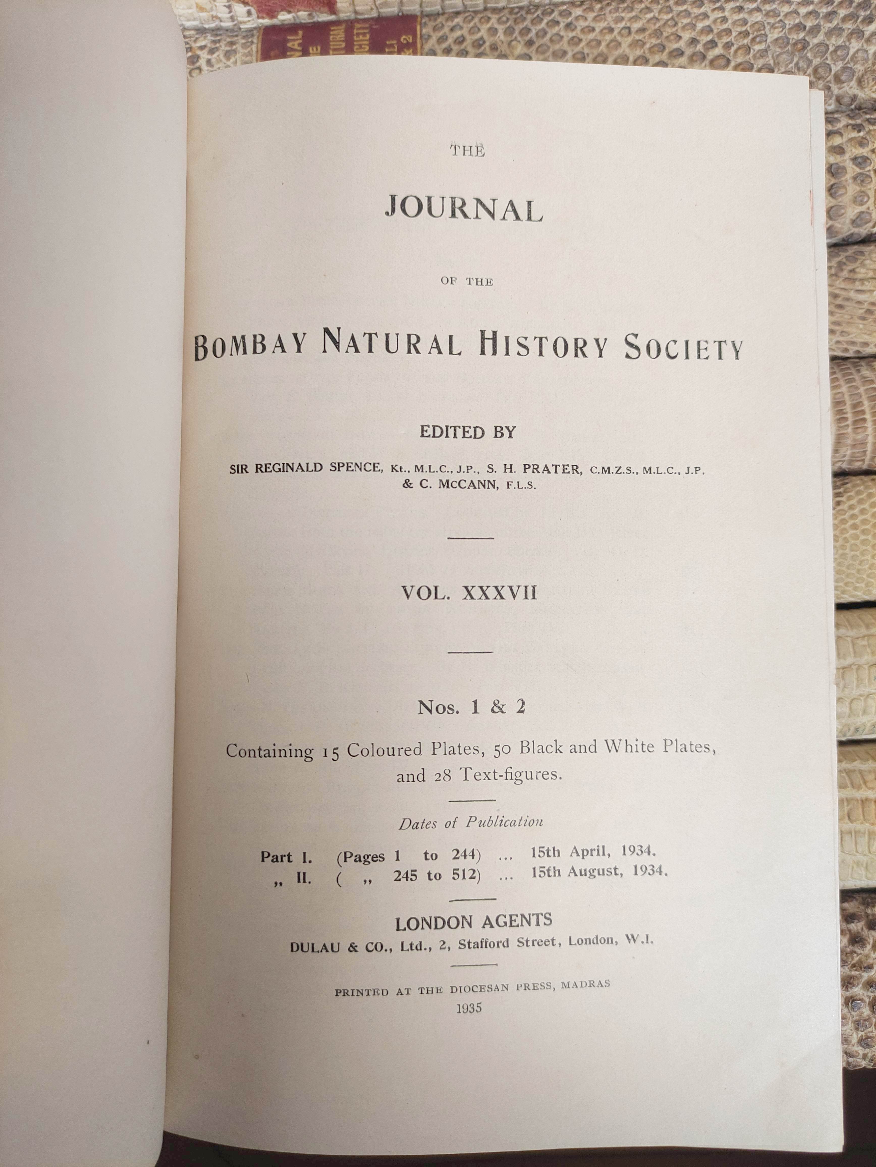 BOMBAY NATURAL HISTORY SOCIETY.  The Journal. Vols. 37 to vol. 42 (nos. 1 & 2) in eleven. Many - Image 3 of 7