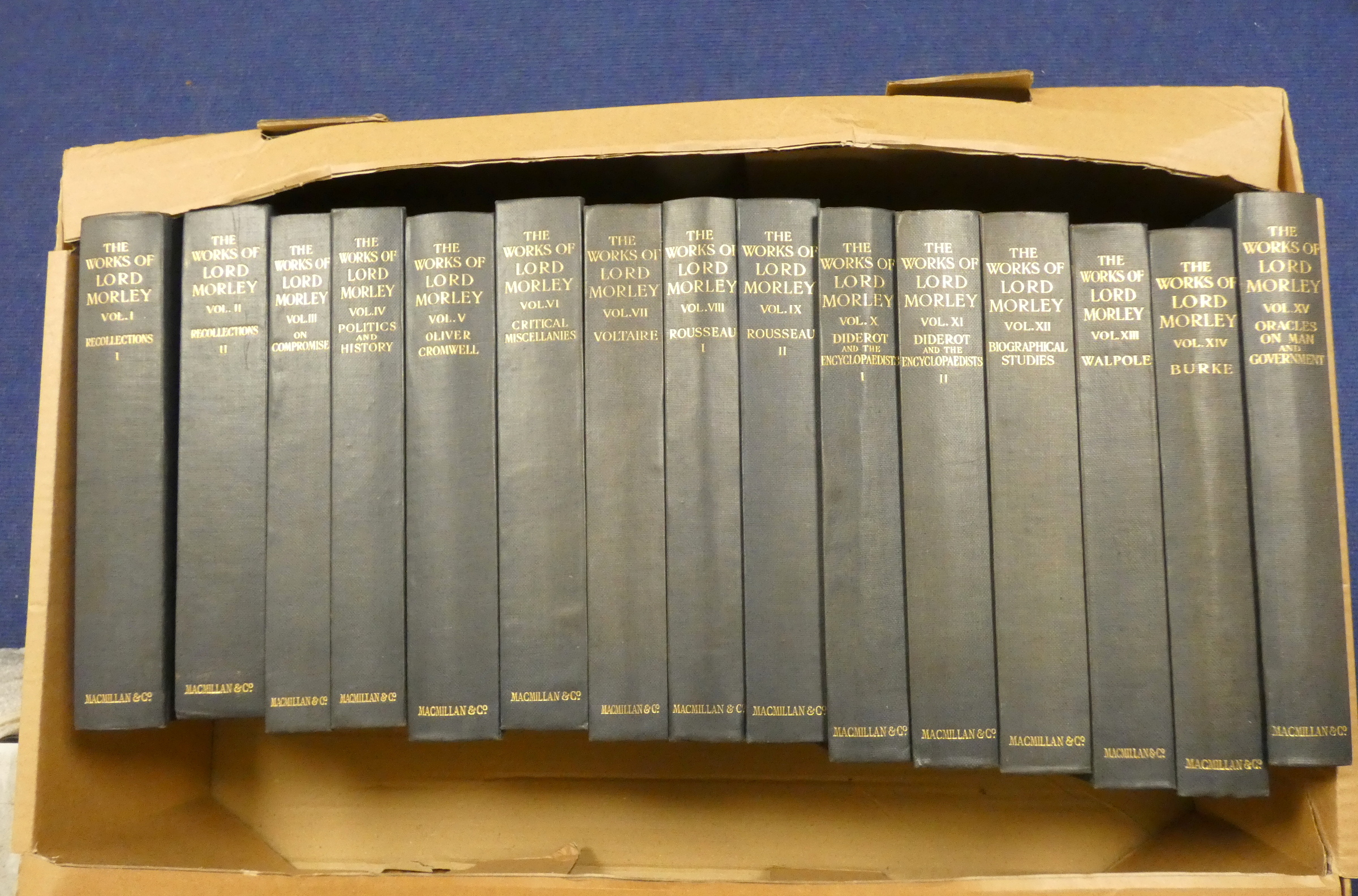 MORLEY JOHN.  The Works. Edition Deluxe. The set of 15 vols. Frontis. Two tone blue cloth. 1921.