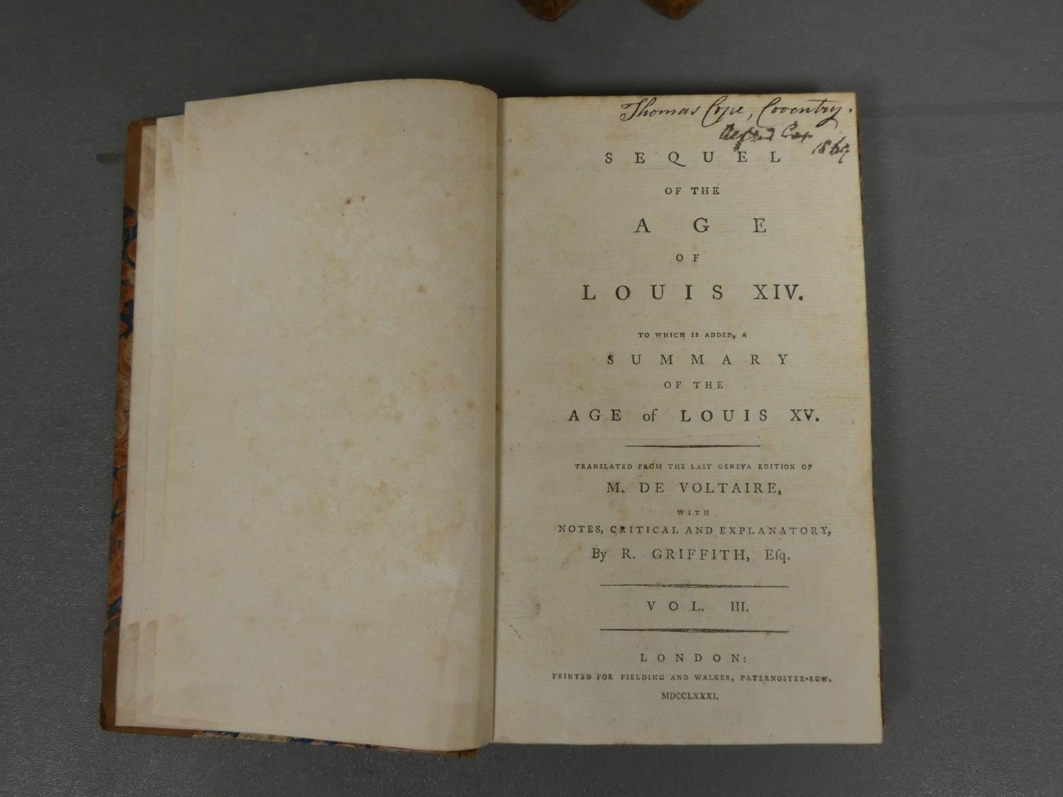 DE VOLTAIRE.  The Age of Louis XIV to Which is Added an Abstract of the Age of Louis XV. 3 vols. - Image 2 of 2