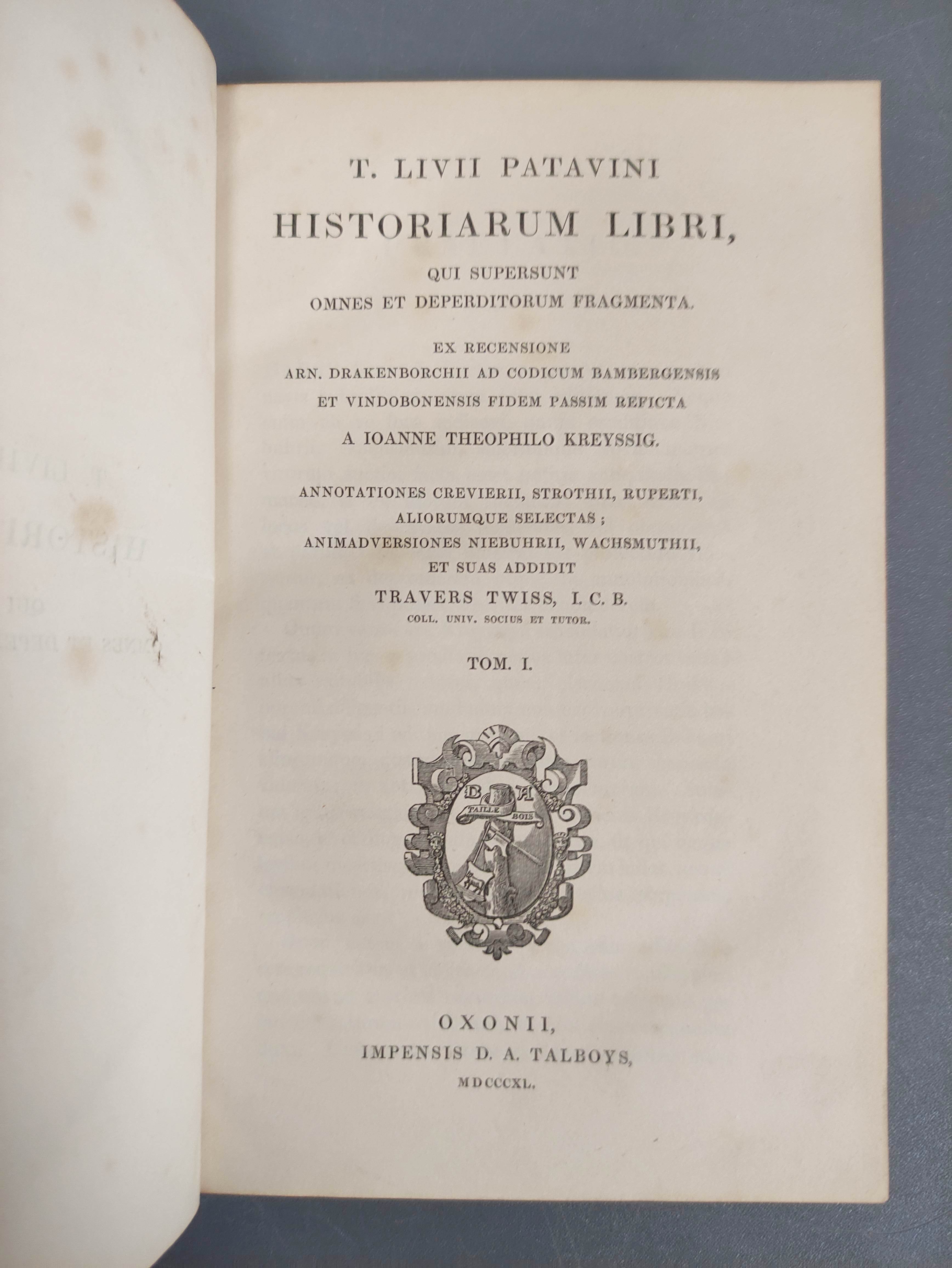 TWISS TRAVERS (Ed).  T. Livii Patavini, Historiarum Libri. 4 vols. Half vellum. Oxford, 1841. - Image 2 of 5