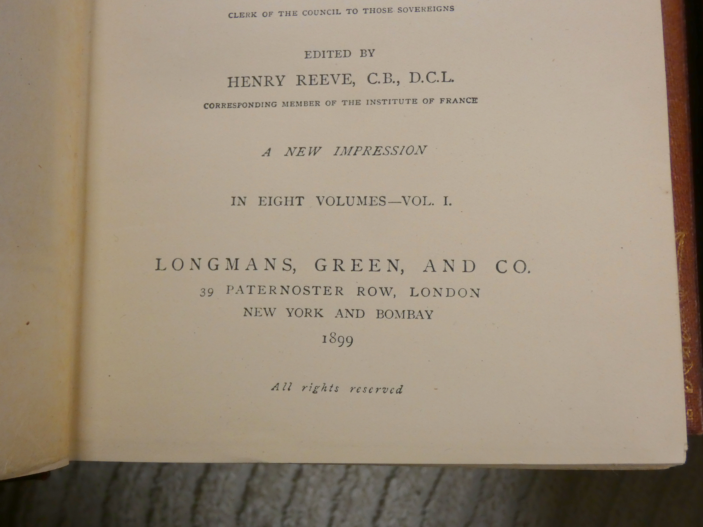 GREVILLE C. C. F.  The Greville Memoirs, ed. by Henry Reeve. 8 vols. Port. frontis, Orig. maroon - Image 4 of 7