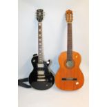 Suzuki acoustic guitar in brown case and a Sakai electric guitar (2).