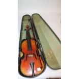 Cased violin with bow, case inscribed R.W.Pentland music seller 24 Frederick Street Edinburgh.