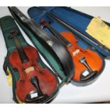 Violin in fitted case, case inscribed made in the Peoples Republic of China and another with bow,