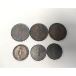 Canada- Three copper 1837 Deux Sous (penny) tokens and three Un Sous (halfpenny) tokens. (6)