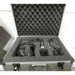 Hardcased music equipment to include Sennheiser headphones, AKG D 190E microphones, etc.