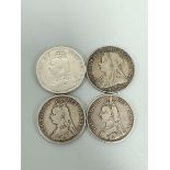 United Kingdom. Victoria. Four silver coins comprising of an 1887 double florin (mintage 483,000),