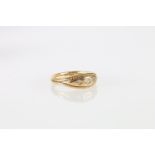 Unhallmarked yellow gold three stone diamond ring, size L, 2.7g, in antique ring box.