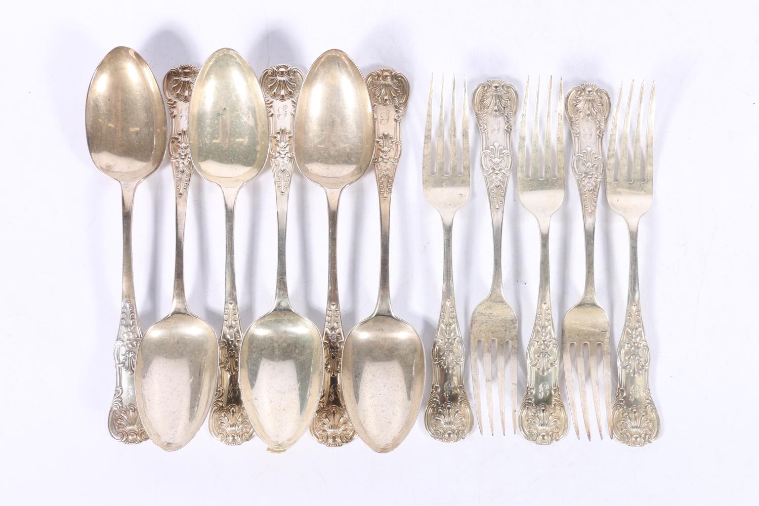 Set of six Victorian silver single-struck Queen's pattern table spoons and five matching forks by