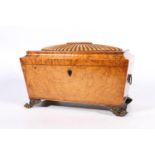 Victorian burr walnut tea caddy, with reeded hinged top enclosing three original compartments,