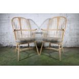 Pair of Ercol blonde tone Windsor type Chairmakers model 911 armchairs, with 'Ercol 1920-2020'