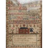 Georgian needlework sampler executed by Margaret Hamilton dated 1818 decorated with large house,