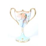 Wedgwood porcelain three-handled goblet tyg with hand painted floral and bird design, brown
