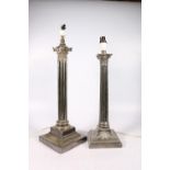 Two silver plated Corinthian column electric table lamps, 55cm and 52cm tall. (2)