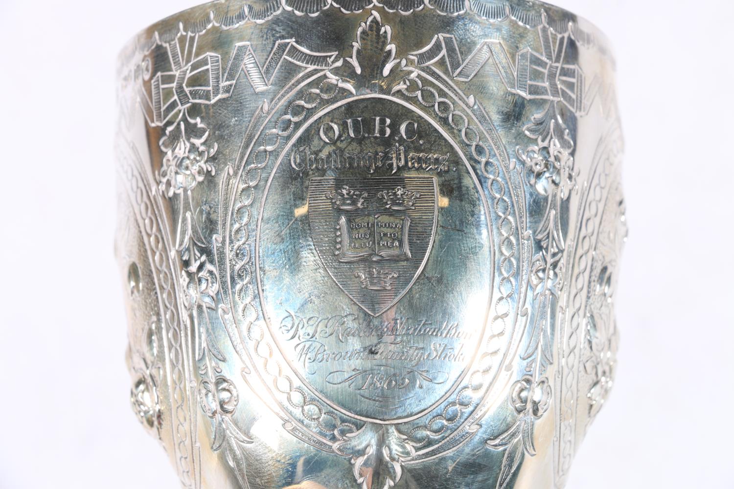 Oxford University Boat Club interest, a Victorian silver presentation chalice goblet with relief - Image 2 of 6