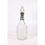 White metal mounted cut and etched glass decanter, the body with etched bird cage design and