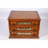 Victorian oak three-drawer table-top haberdashery chest advertising Morris Yeomans' Needles and