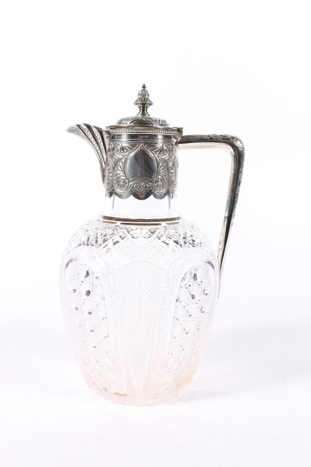 Victorian silver mounted cut glass claret jug by Atkin Brothers, Sheffield, 1894, 24cm tall.