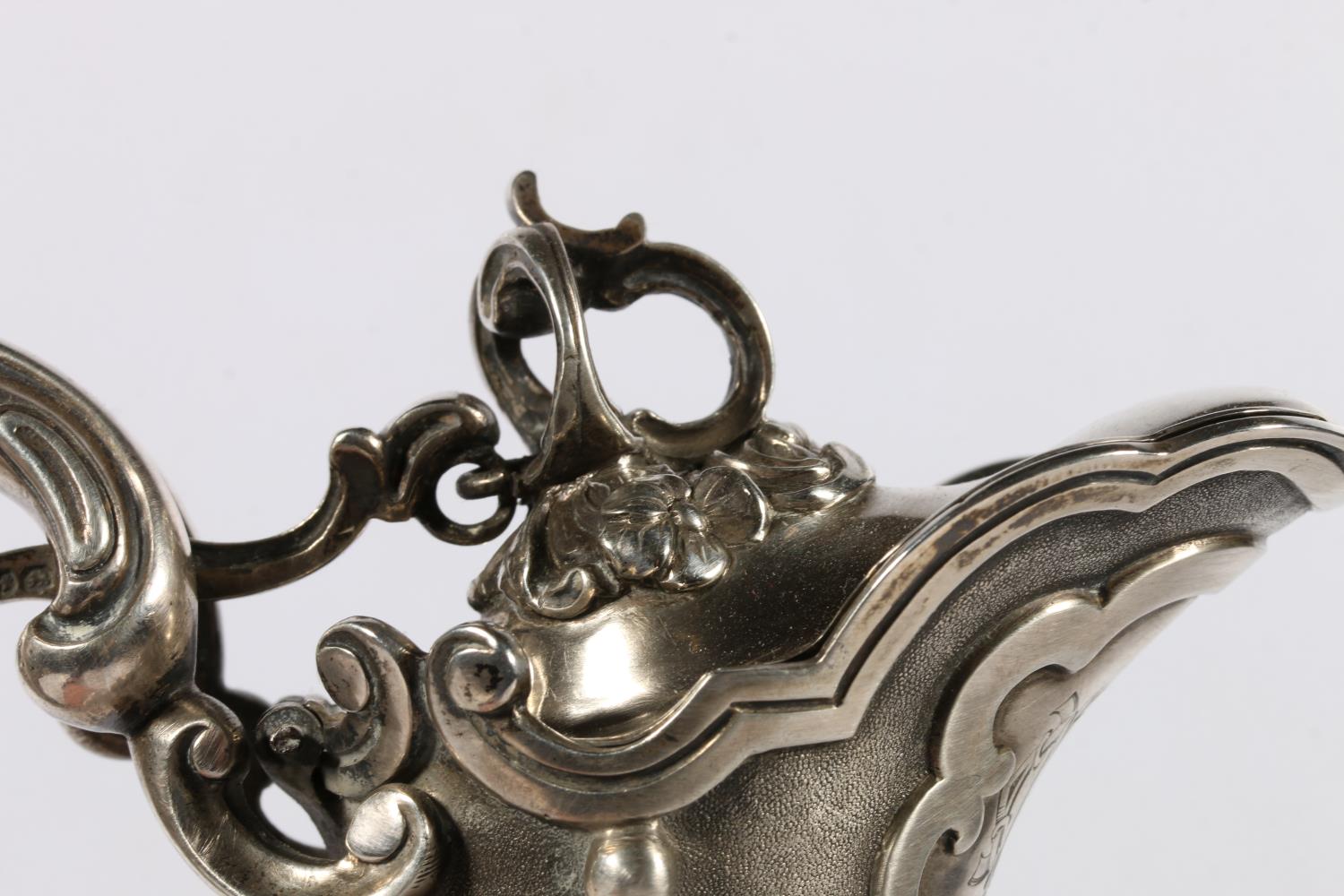 Victorian silver mounted cut and etched glass claret jug, the silver mounts modelled with fruits and - Image 4 of 9