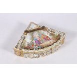 Continental porcelain hinged box of fan shape, the body decorated with central classical scene