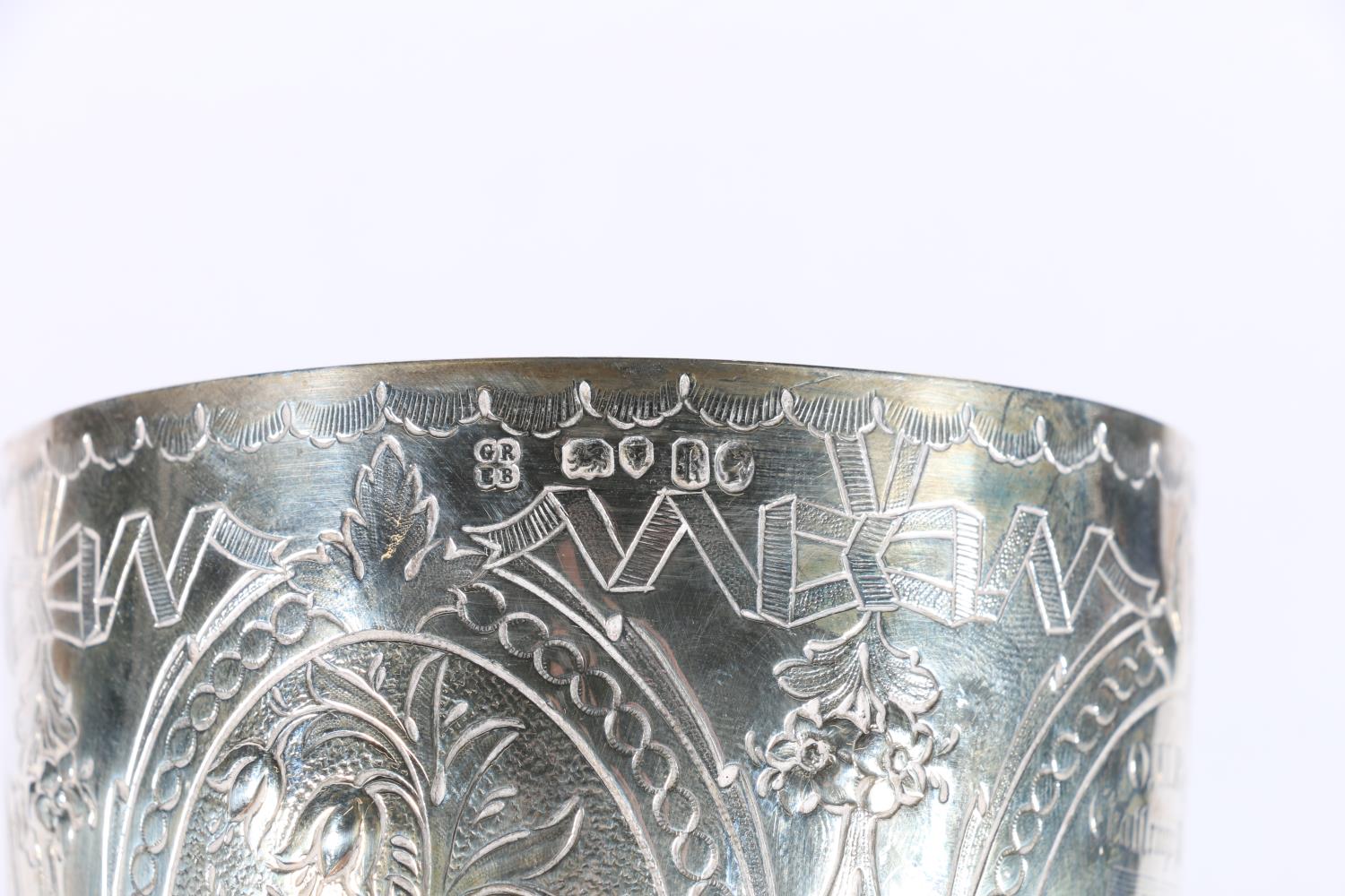 Oxford University Boat Club interest, a Victorian silver presentation chalice goblet with relief - Image 6 of 6