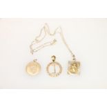 14k gold pendant in form of initial I within a wreath, 3cm, two 9k gold pendants depicting St.