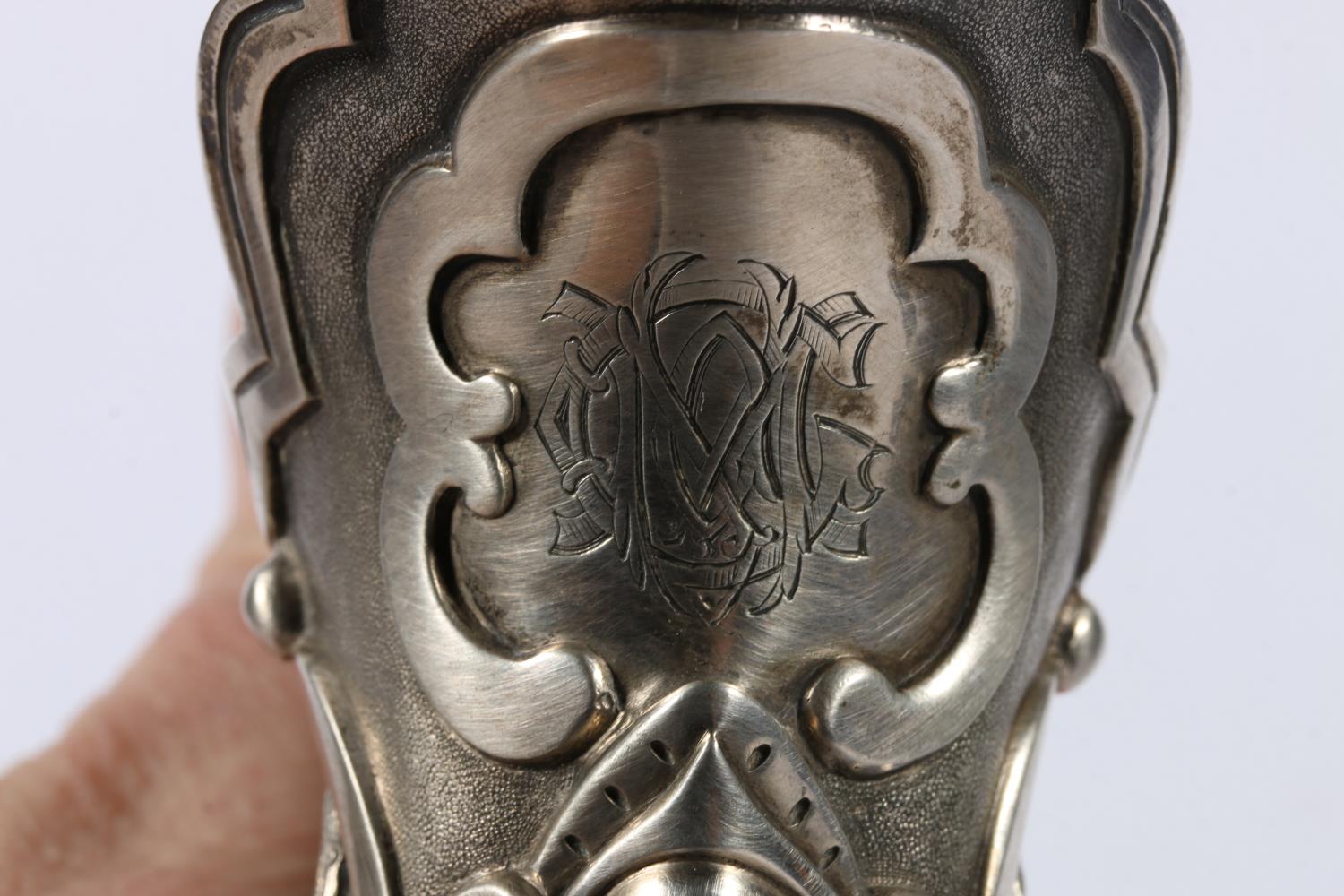 Victorian silver mounted cut and etched glass claret jug, the silver mounts modelled with fruits and - Image 7 of 9