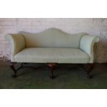 Antique mahogany framed two-seater sofa, having recurved serpentine top rail, out swept scroll arms,