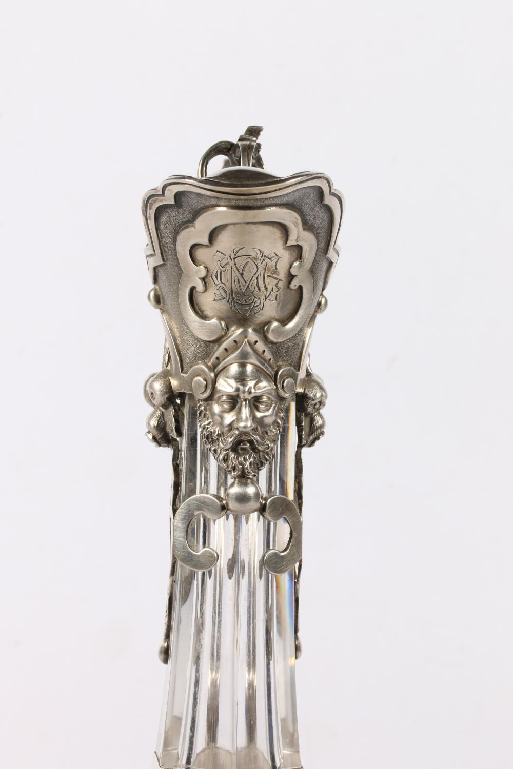 Victorian silver mounted cut and etched glass claret jug, the silver mounts modelled with fruits and - Image 2 of 9
