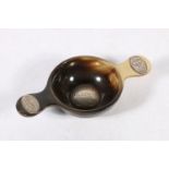 Antique Scottish silver mounted carved horn quaich, the handles inset with navette shaped silver